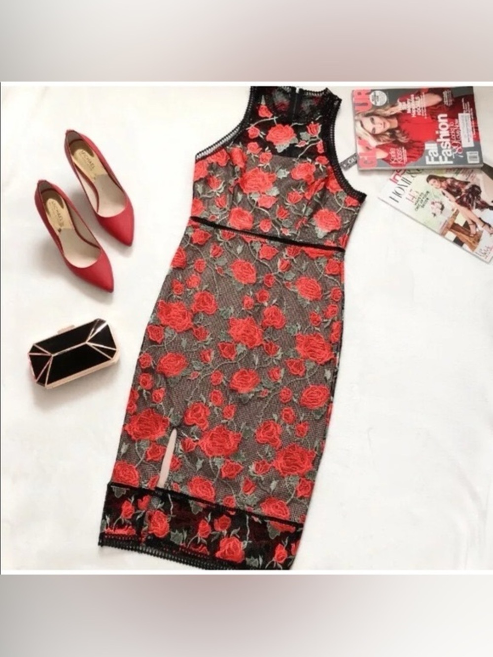 Gianni Bini Red Rose Embroidered Mesh Midi Dress - Picture 2 of 13